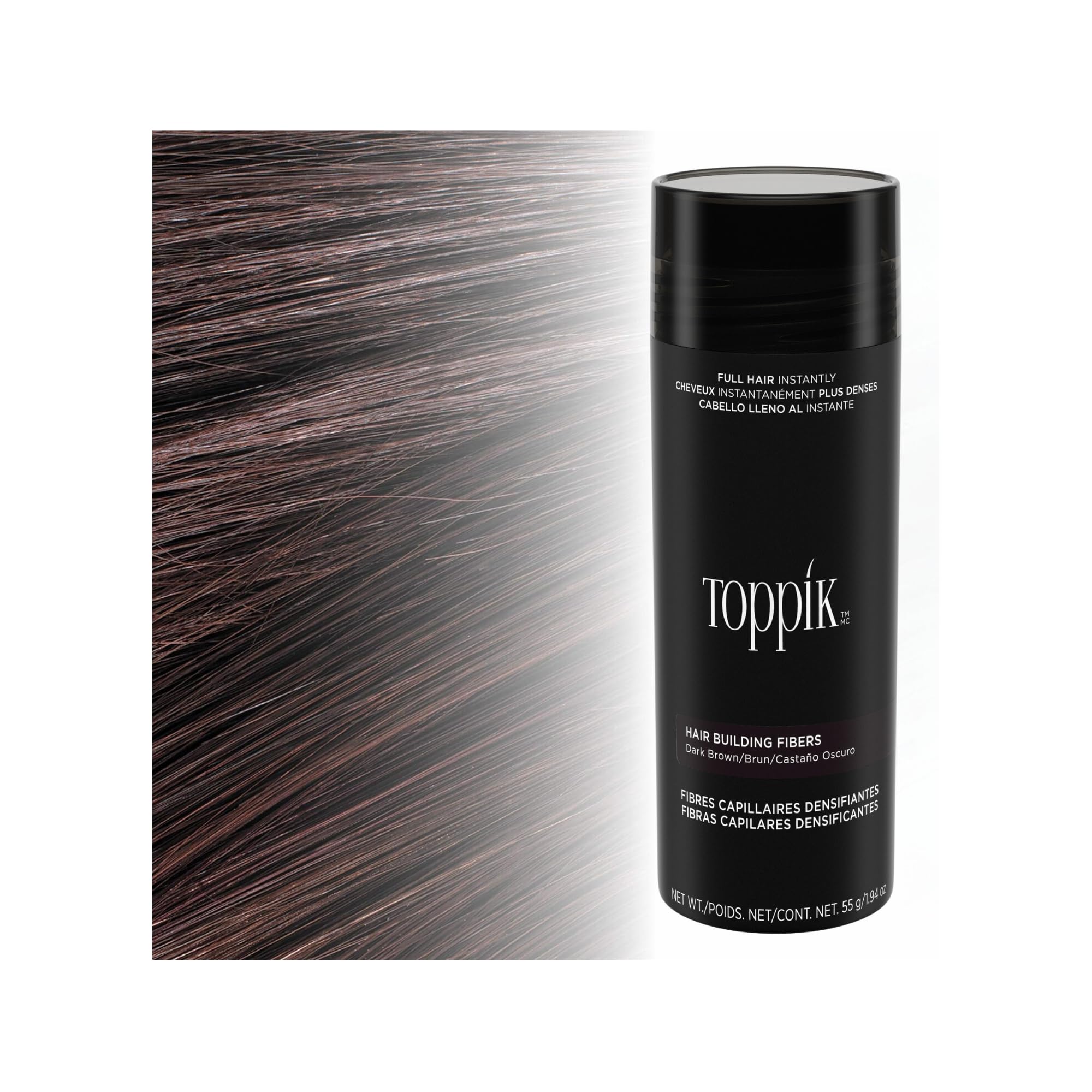 Toppik Hair Building Fibers, Dark Brown, 55g | Fill In Fine or Thinning Hair | Instantly Thicker, Fuller Looking Hair | 9 Shades for Men & Women